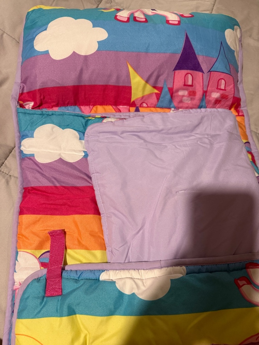 Colorful Rainbow Unicorn Sleeping Bag - Clouds & Castle Print